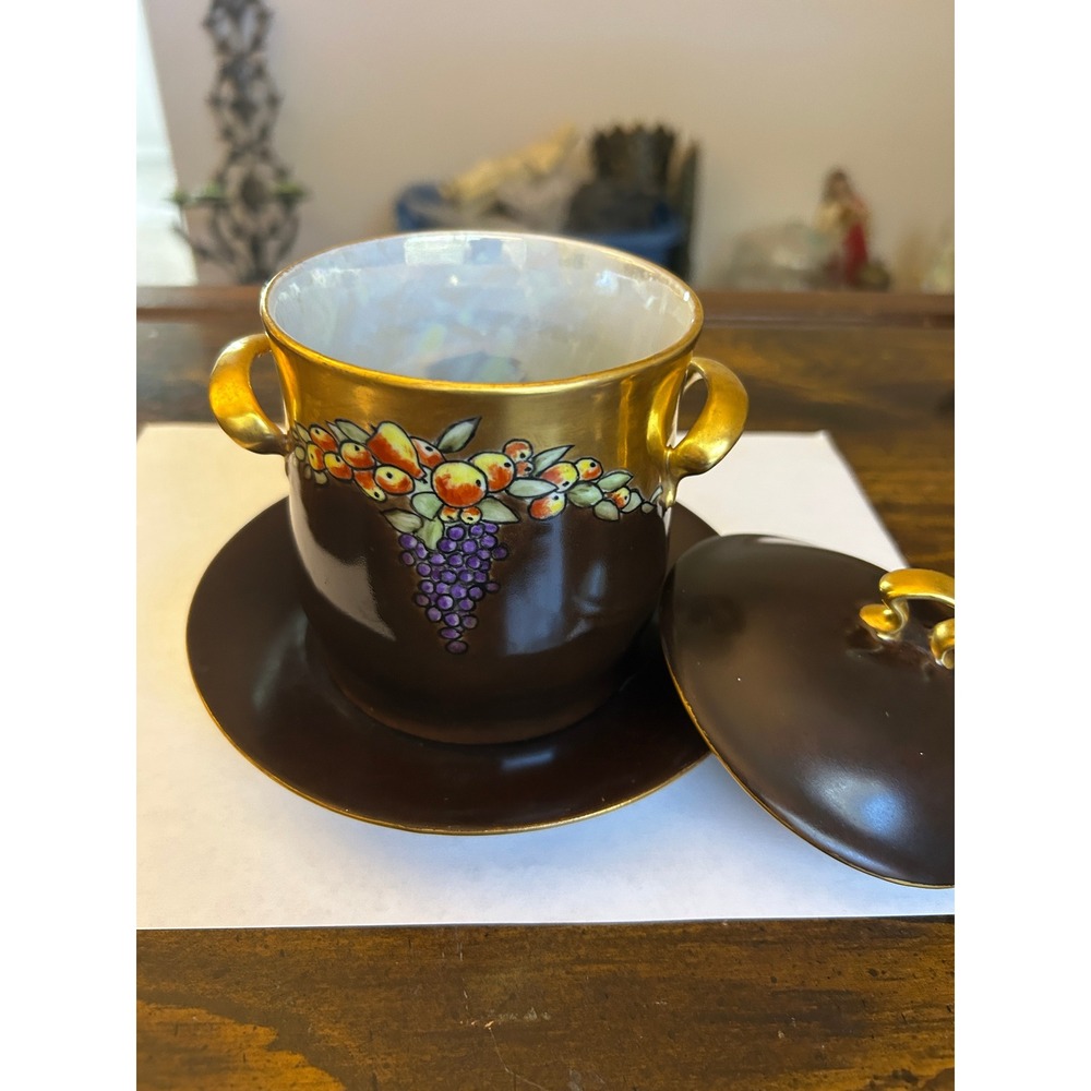 Vintage Czech Slov. Porcelain Condensed Milk Lidded Cup Saucer Fruit Gold Gilt - Picture 2 of 5
